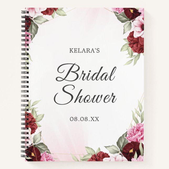 Elegant Burgundy Floral Bridal Shower Wedding Notebook (Front)