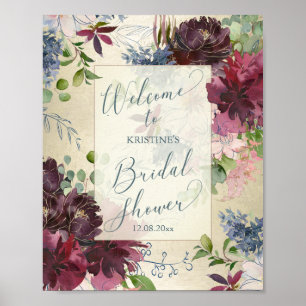 Elegant Burgundy Floral Bridal Shower Welcome Poster