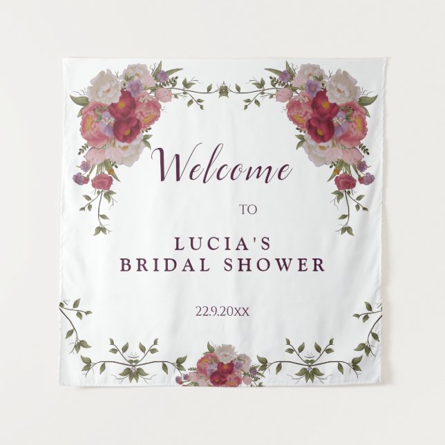 Elegant Burgundy Floral Bridal Shower Welcome  Tapestry (Front)