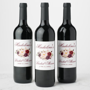 Elegant Burgundy Floral Bridal Shower Wine Label