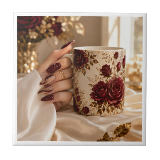 Elegant Burgundy Floral Ceramic Decorative Tile