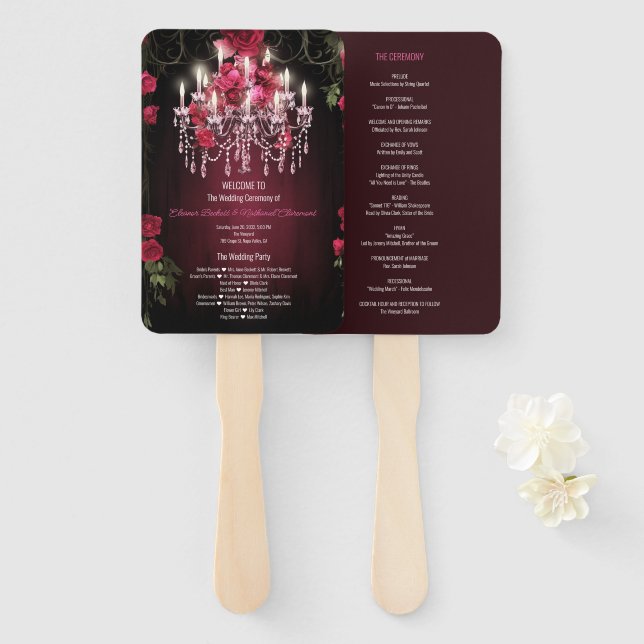 Elegant Burgundy Floral Chandelier Wedding Program Hand Fan (Front and Back)