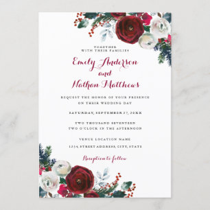 Elegant Burgundy Floral Christmas Wedding Invitation