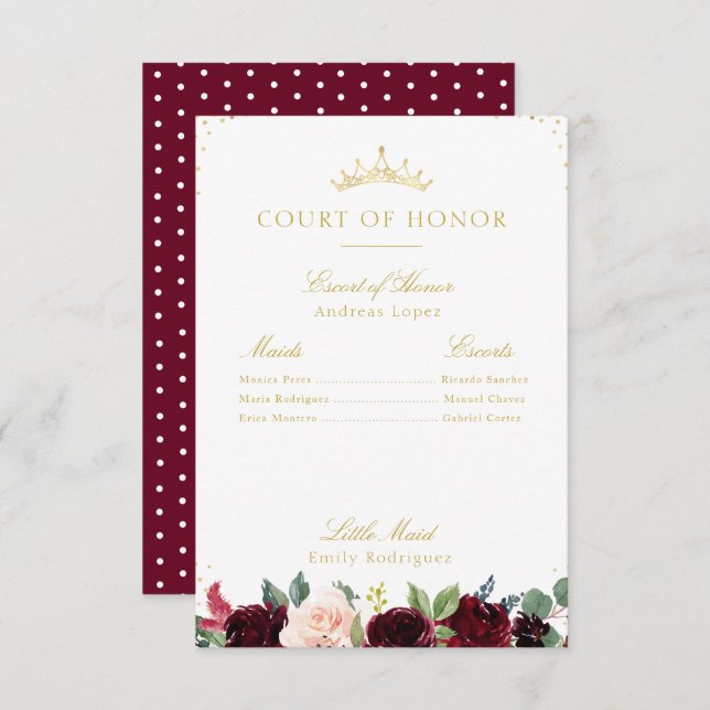 Elegant burgundy floral court of honour card (Front/Back)