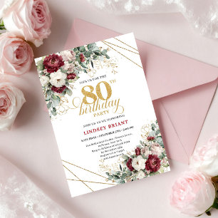Elegant Burgundy Floral Eucalyptus Gold 80th Bday Invitation