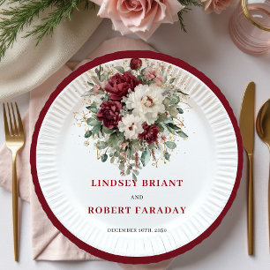 Elegant Burgundy Floral Eucalyptus Gold Paper  Plate