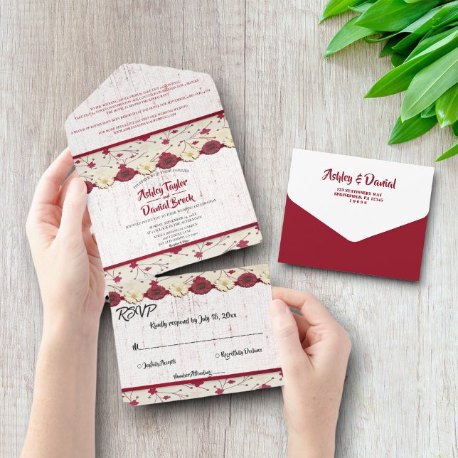 Elegant Burgundy Floral Frame Boho Summer Wedding All In One Invitation (Creator Uploaded)