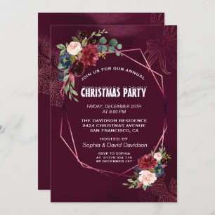 Elegant Burgundy Floral Geometric Christmas Party Invitation