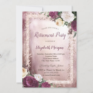 Elegant Burgundy Floral Glitter Frame Retirement Invitation