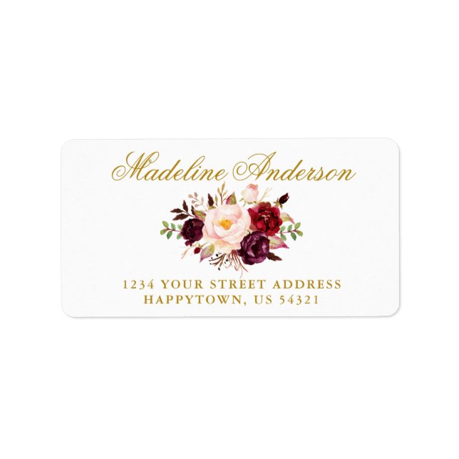 Elegant Burgundy Floral Gold Address Label (Front)