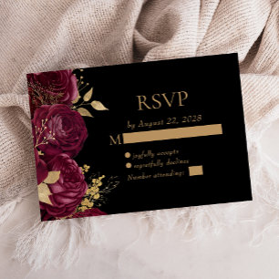 Elegant Burgundy Floral Gold Black Wedding RSVP Card