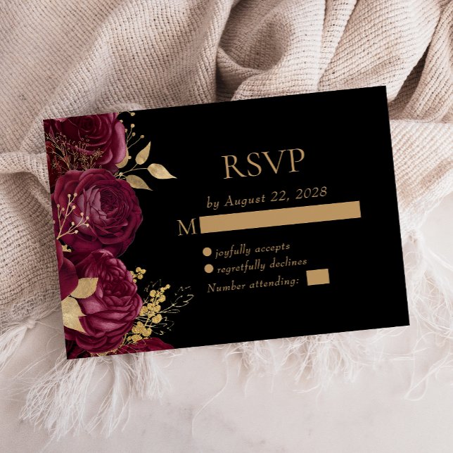 Elegant Burgundy Floral Gold Black Wedding RSVP Card (Creator Uploaded)