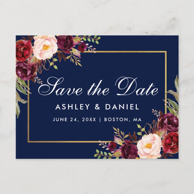 Elegant Burgundy Floral Gold Blue Save The Date Announcement Postcard (Front)