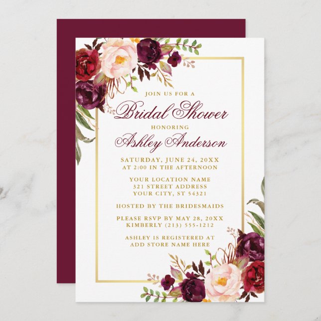 Elegant Burgundy Floral Gold Bridal Shower Invitation (Front/Back)