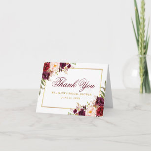 Elegant Burgundy Floral Gold Bridal Shower Note Thank You Card
