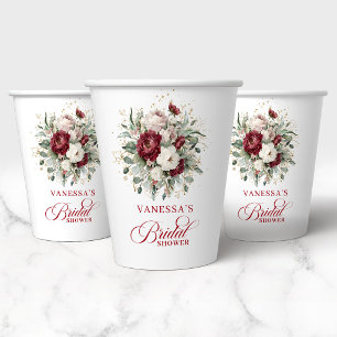 Elegant Burgundy Floral Gold Bridal Shower Paper Cups