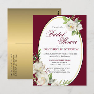 Elegant Burgundy Floral Gold Bridal Shower Postcard