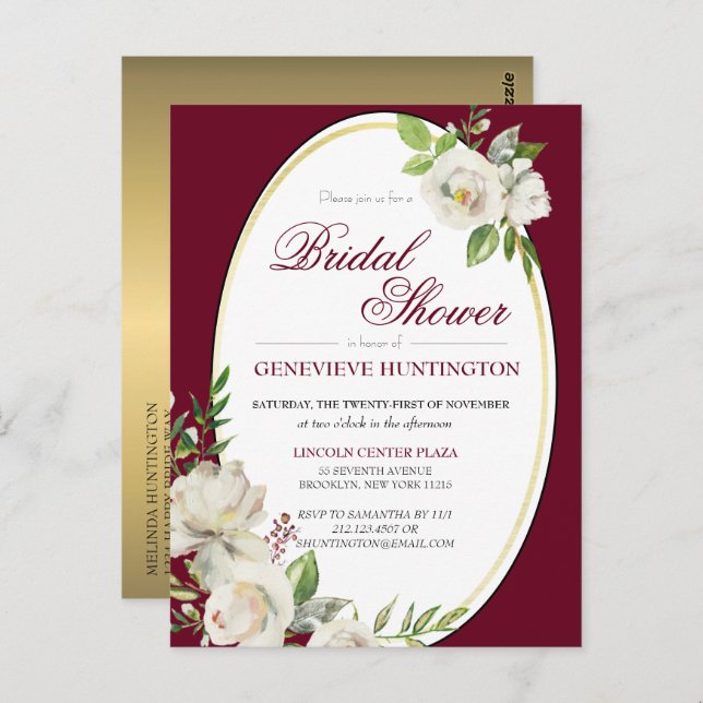 Elegant Burgundy Floral Gold Bridal Shower Postcard (Front/Back)