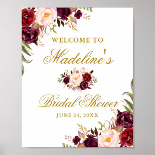 Elegant Burgundy Floral Gold Bridal Shower Poster