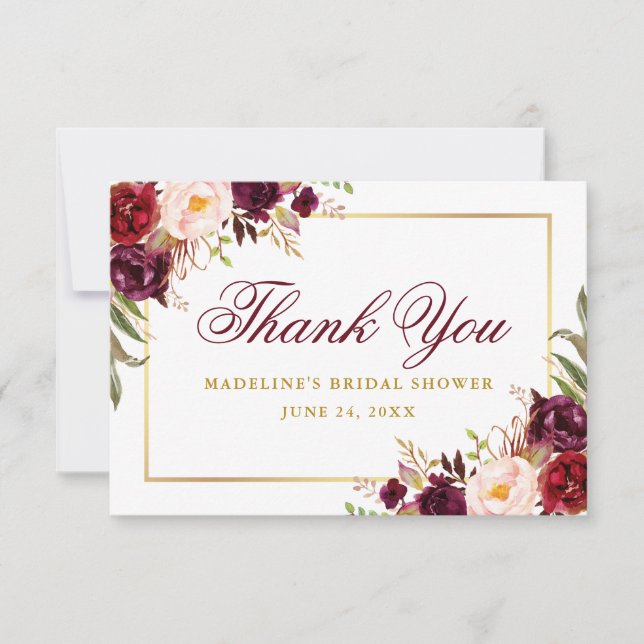 Elegant Burgundy Floral Gold Bridal Shower Thank You Card (Front)