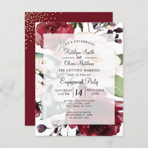 Elegant Burgundy Floral Gold Foil Engagement Party Invitation