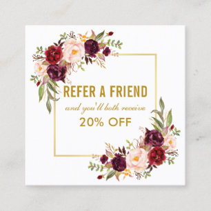Elegant Burgundy Floral Gold Frame Referral Square Business Card