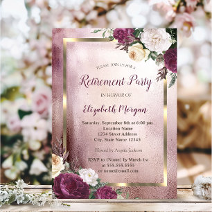 Elegant Burgundy Floral Gold Frame Retirement Invitation