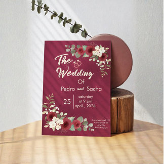 Elegant Burgundy Floral Gold Geometric Wedding Invitation