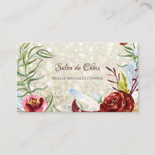 Elegant Burgundy Floral Gold Glitter Beauty Salon Business Card (Front)