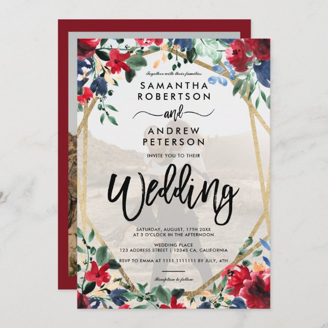 Elegant burgundy floral gold photo script wedding  invitation (Front/Back)