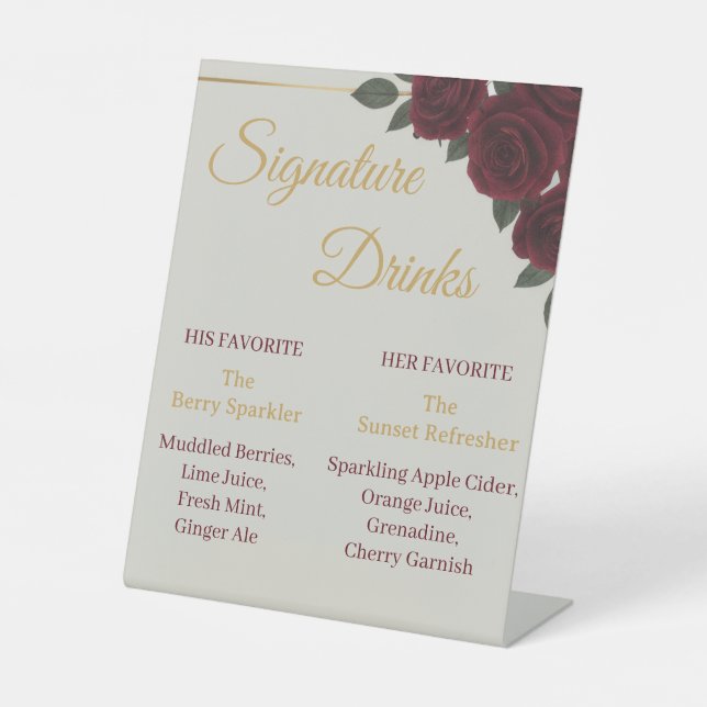 Elegant Burgundy Floral&Gold Signature Drinks Sign (Front)
