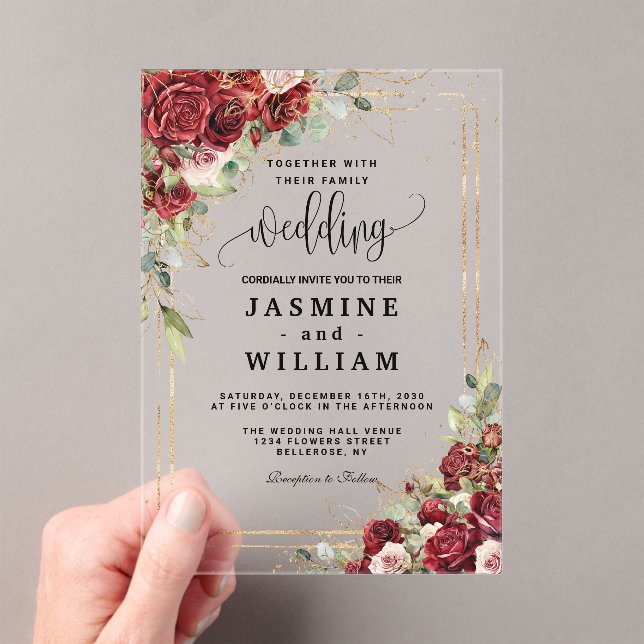 Elegant Burgundy Floral  Gold  Wedding Acrylic Invitations (Insitu (Handheld))