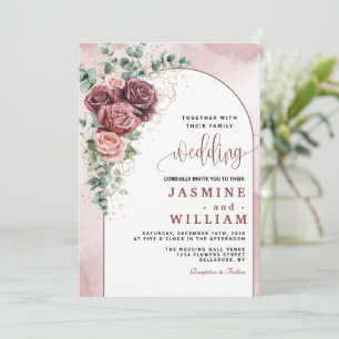 Elegant Burgundy Floral  Gold  Wedding Invitation
