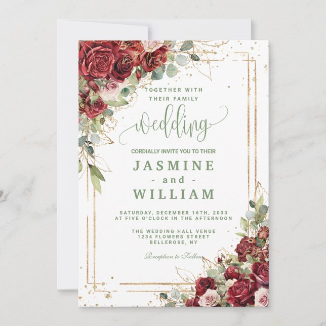 Elegant Burgundy Floral  Gold  Wedding Invitation (Front)