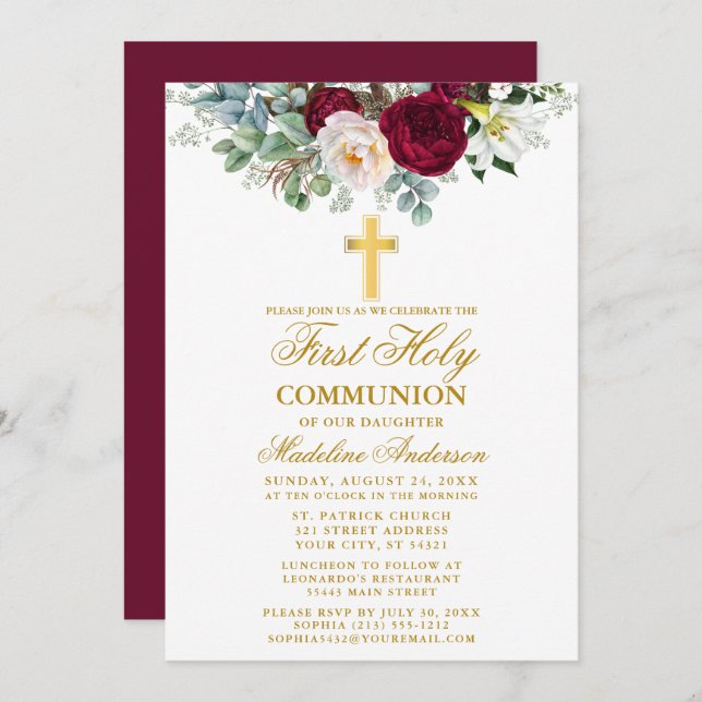Elegant Burgundy Floral Greenery Communion Invitation (Front/Back)