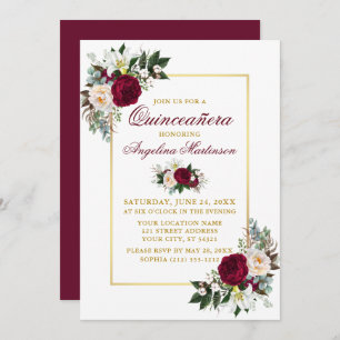Elegant Burgundy Floral Greenery Gold Quinceanera Invitation