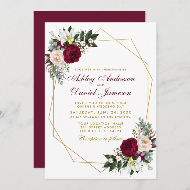 Elegant Burgundy Floral Greenery Gold Wedding Invitation (Front/Back)