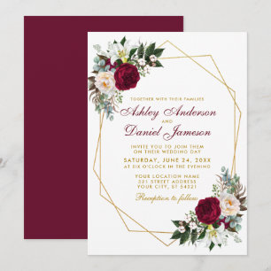 Elegant Burgundy Floral Greenery Gold Wedding Invitation