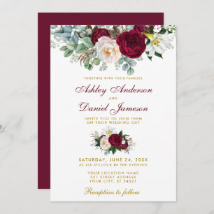 Elegant Burgundy Floral Greenery Wedding Gold Invitation