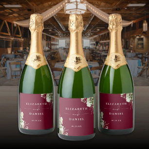 Elegant Burgundy Floral Greenery Wedding Sparkling Wine Label