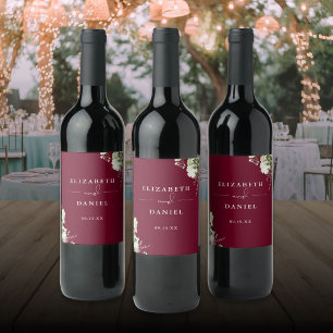 Elegant Burgundy Floral Greenery Wedding Wine Label