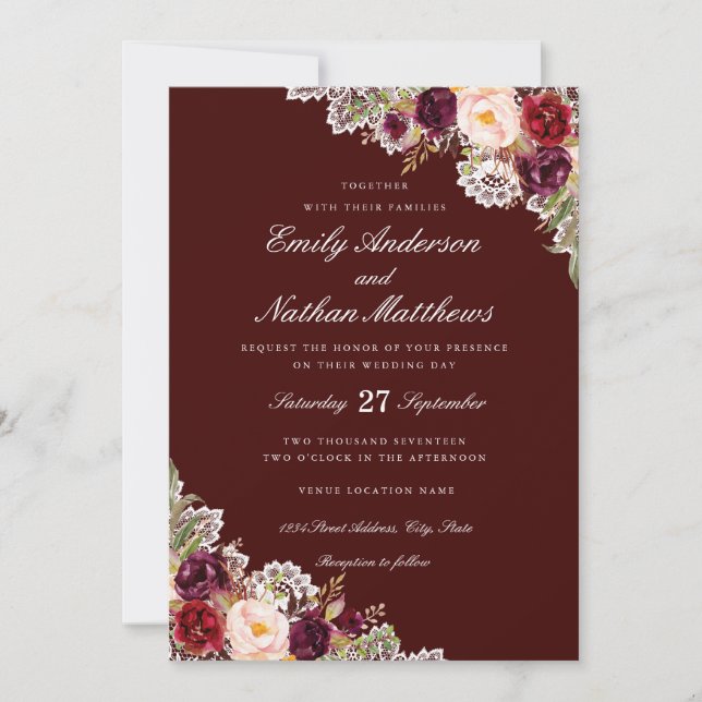 Elegant Burgundy Floral Lace Wedding Invitation (Front)
