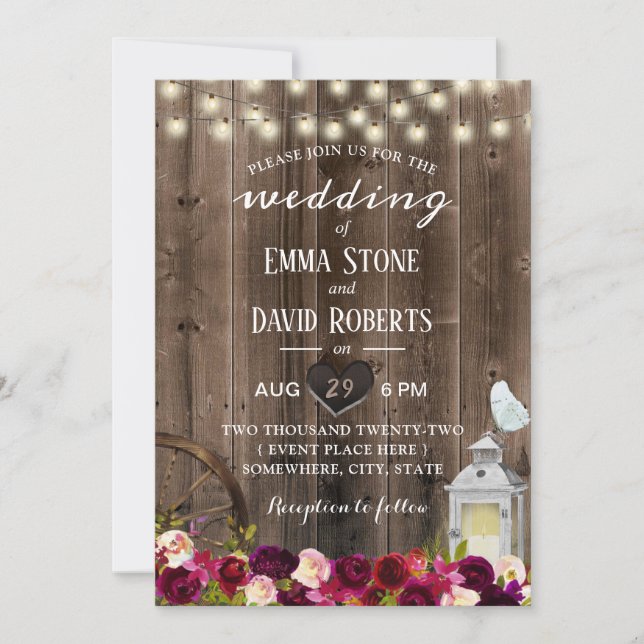 Elegant Burgundy Floral Lantern Barn Wedding  Invitation (Front)