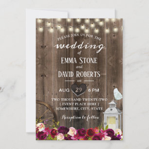 Elegant Burgundy Floral Lantern Barn Wedding  Invitation