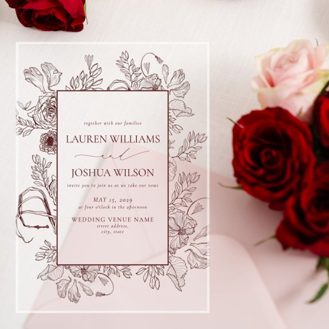 Elegant Burgundy Floral Line Art Wedding Acrylic Invitations (Creator Uploaded)