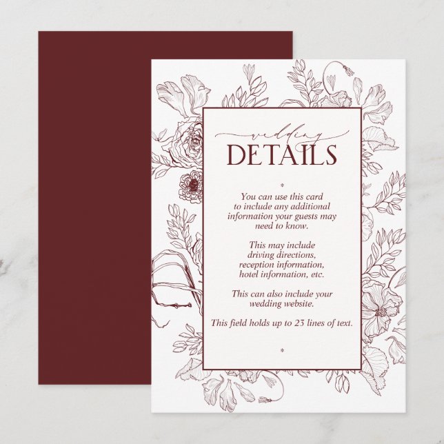 Elegant Burgundy Floral Line Art Wedding Details Enclosure Card (Front/Back)