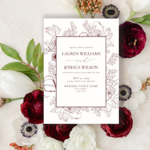Elegant Burgundy Floral Line Art Wedding  Invitation
