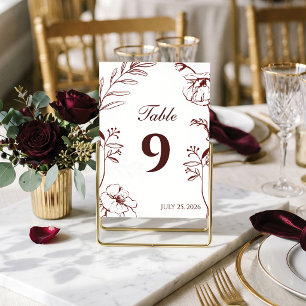 Elegant Burgundy Floral Line Art Wedding Table Number