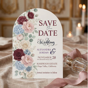 Elegant Burgundy Floral Modern Wedding Save The Date