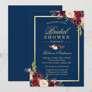 Elegant Burgundy Floral Navy Blue Bridal Shower Invitation